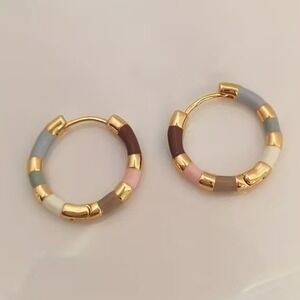 Gold Tone Hoop Earrings Multi Color Enamel Segmented Design Huggie Style